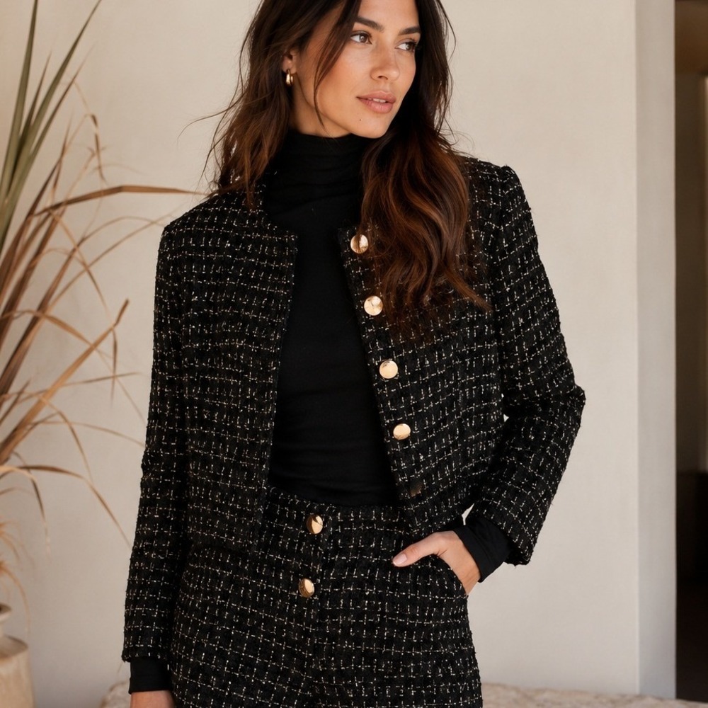Commense Black Tweed Sequin Cropped Blazer Gold Button Cocktail Jacket S